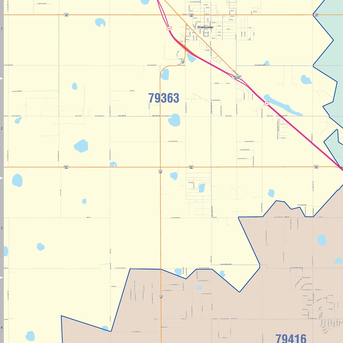 Colorcast Zip Code Style Wall Map of Lubbock, TX