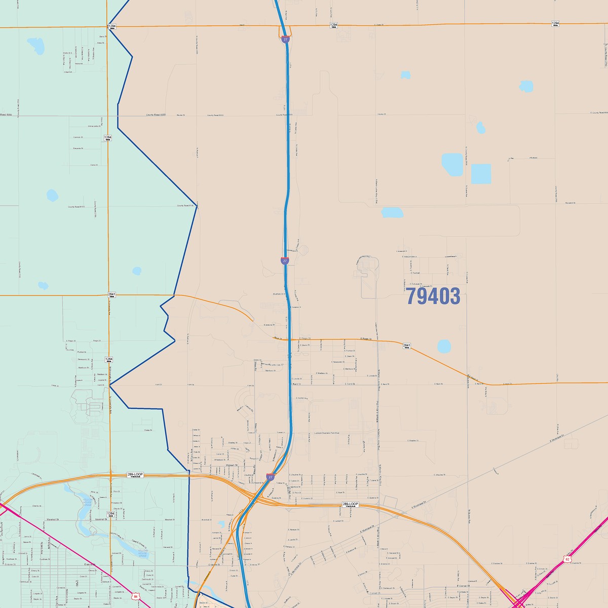 Colorcast Zip Code Style Wall Map of Lubbock, TX