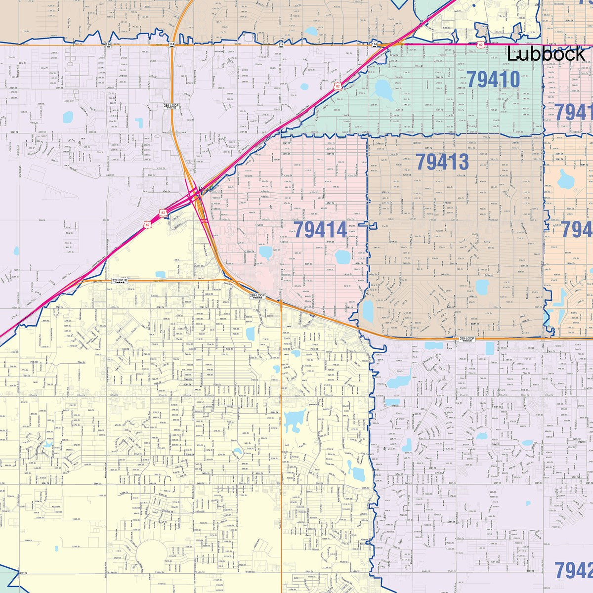 Colorcast Zip Code Style Wall Map of Lubbock, TX