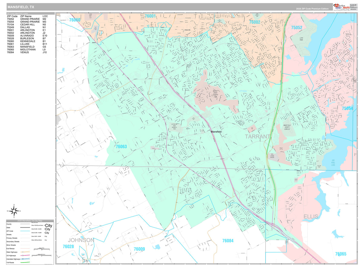 Premium Style Wall Map of Mansfield, TX