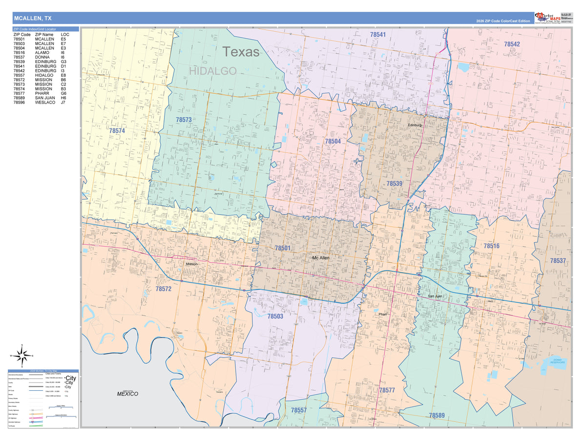 Colorcast Zip Code Style Wall Map of McAllen, TX