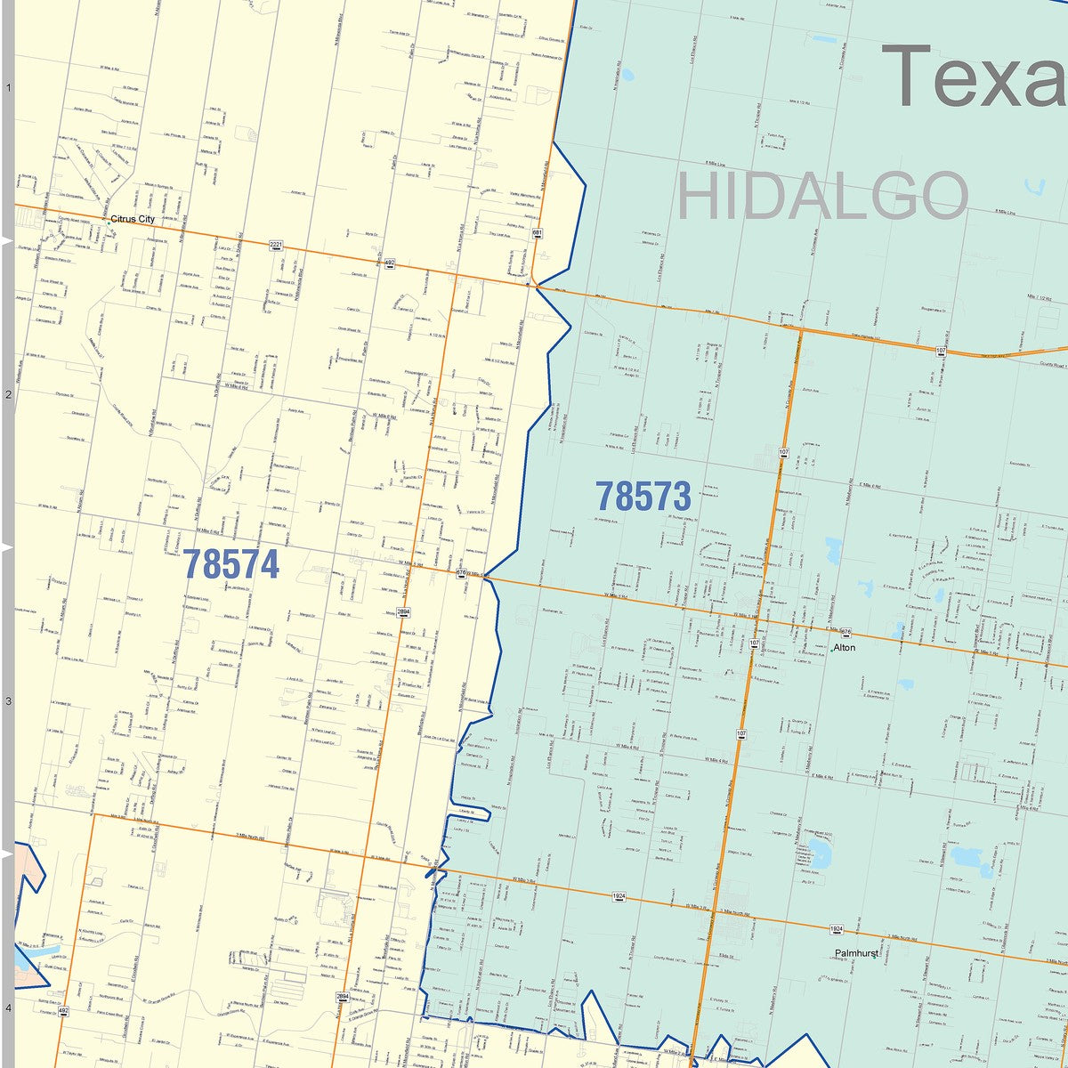 Colorcast Zip Code Style Wall Map of McAllen, TX