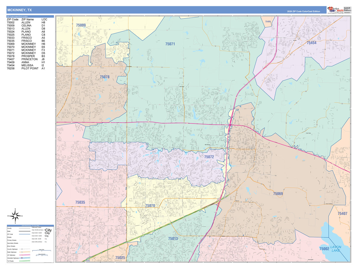 Colorcast Zip Code Style Wall Map of McKinney, TX