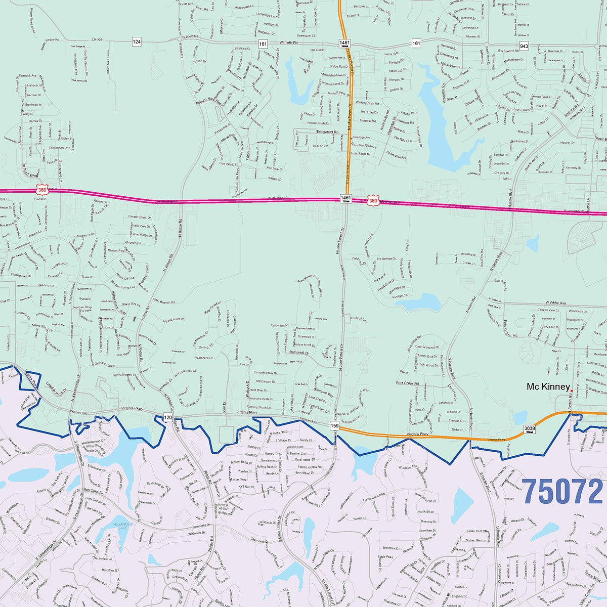 Colorcast Zip Code Style Wall Map of McKinney, TX