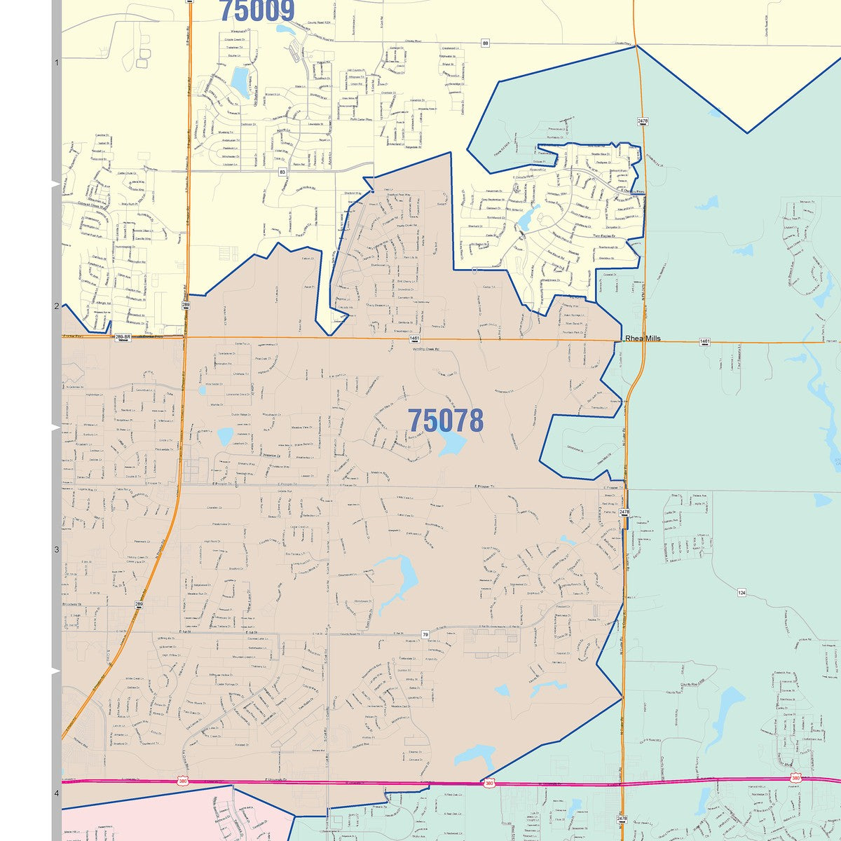 Colorcast Zip Code Style Wall Map of McKinney, TX