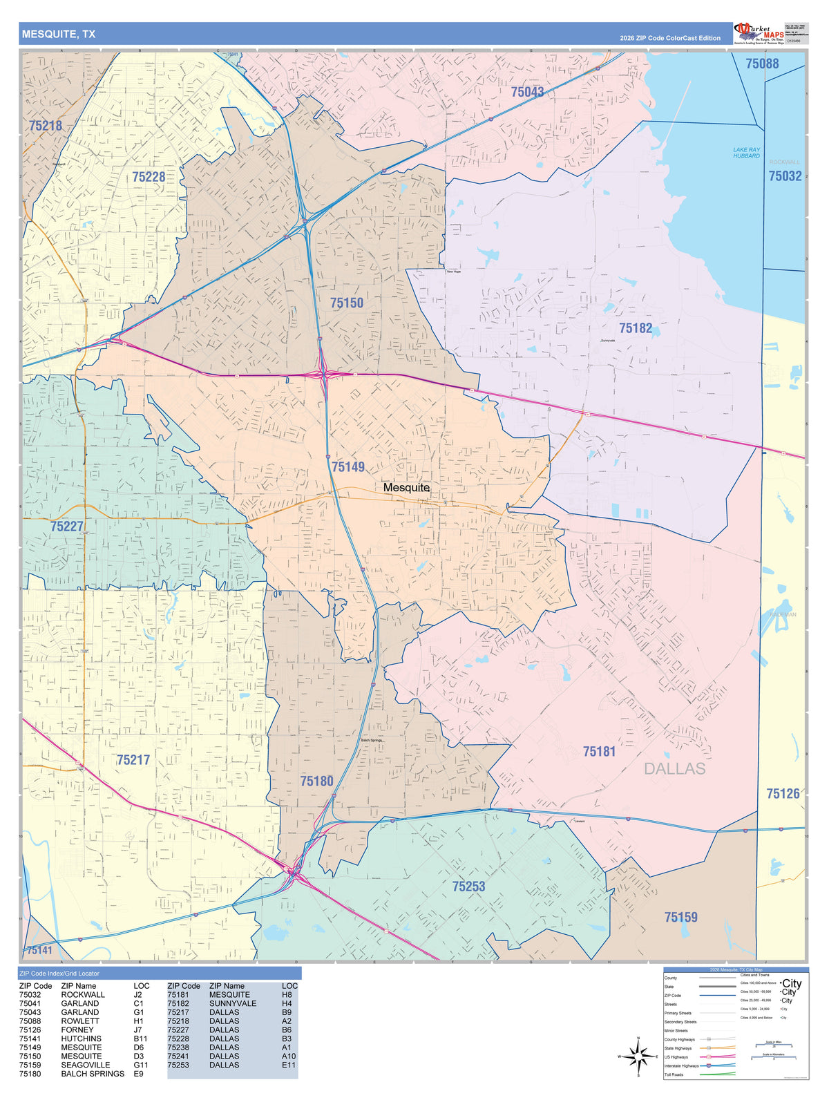 Colorcast Zip Code Style Wall Map of Mesquite, TX