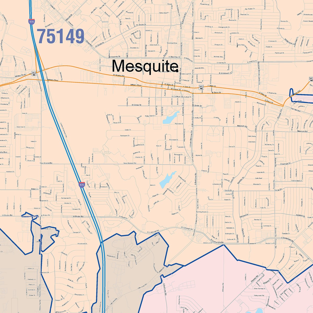 Colorcast Zip Code Style Wall Map of Mesquite, TX