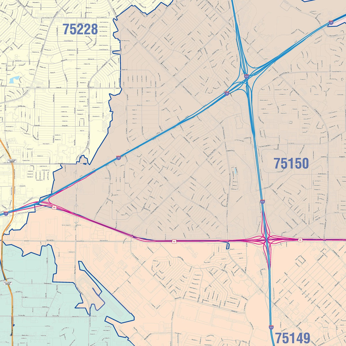 Colorcast Zip Code Style Wall Map of Mesquite, TX