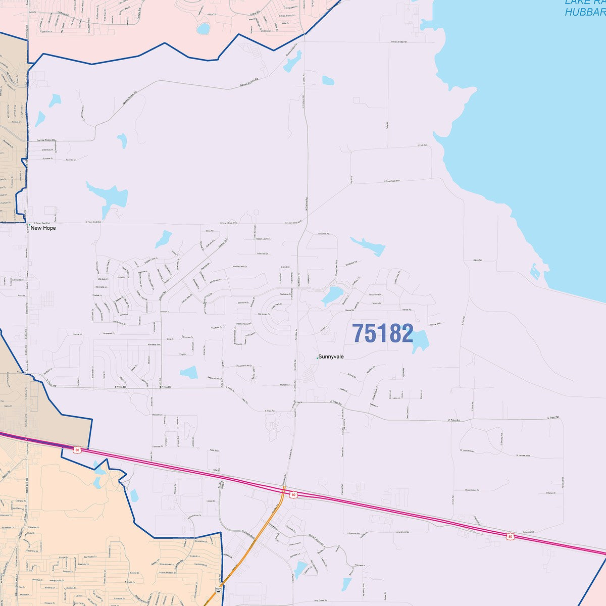Colorcast Zip Code Style Wall Map of Mesquite, TX
