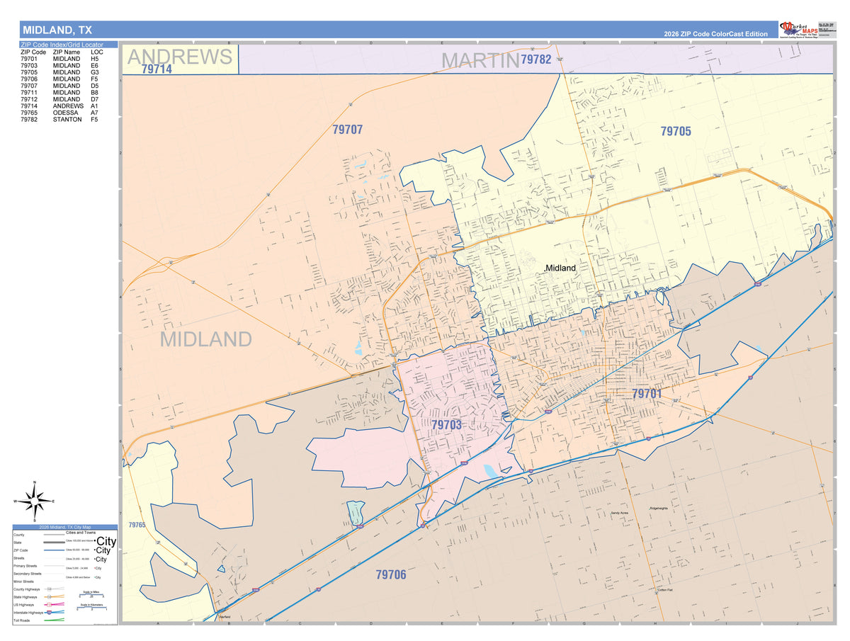 Colorcast Zip Code Style Wall Map of Midland, TX