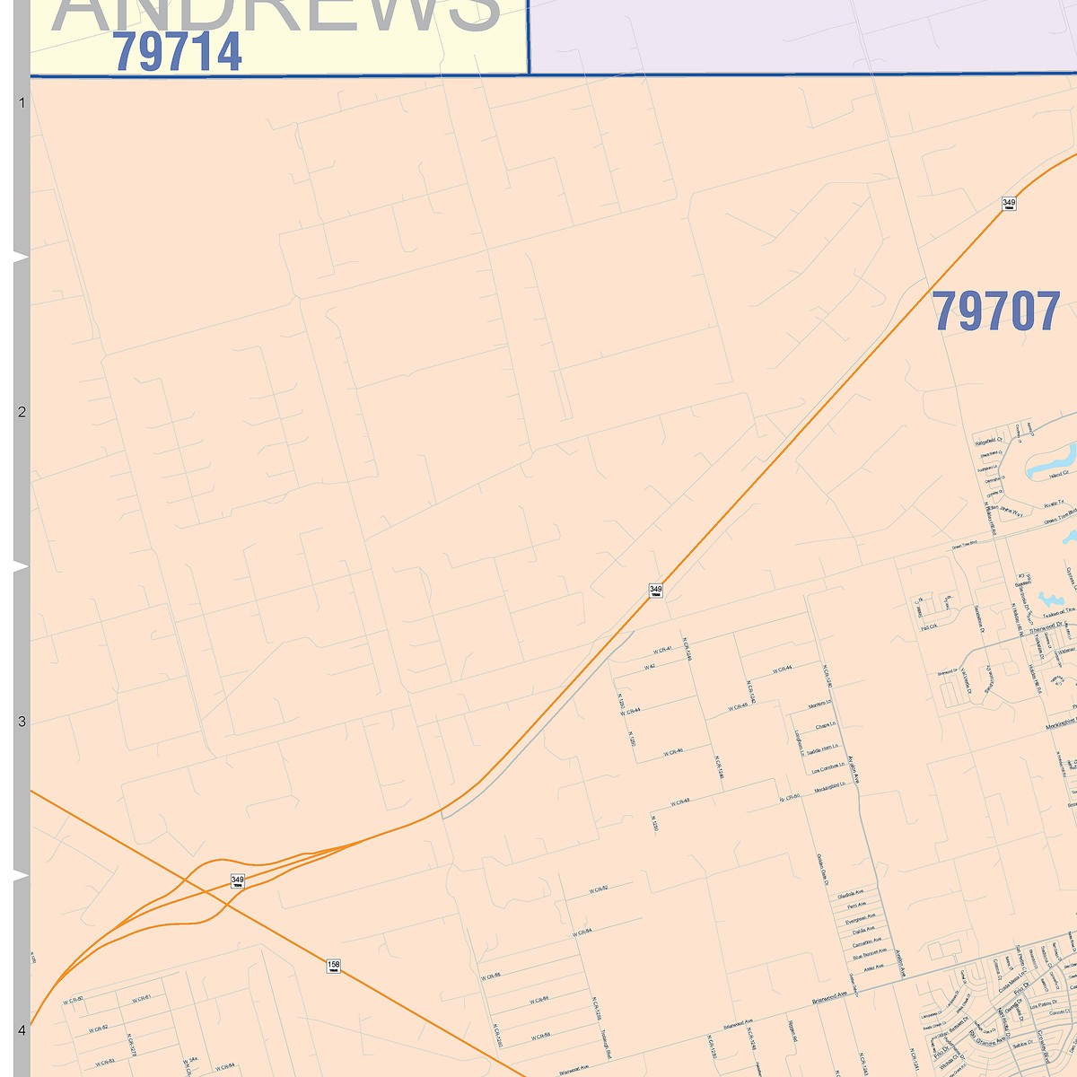 Colorcast Zip Code Style Wall Map of Midland, TX