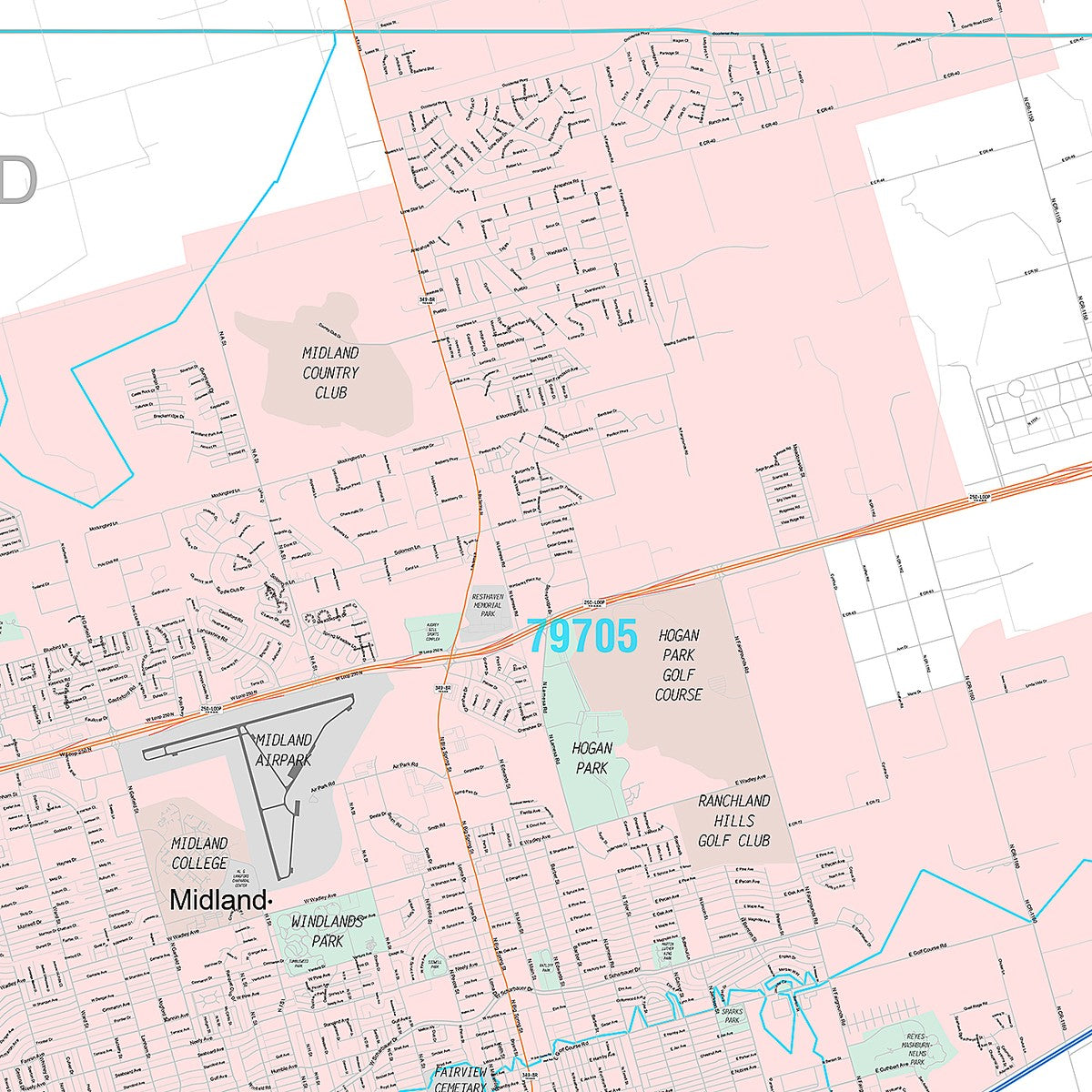 Premium Style Wall Map of Midland, TX