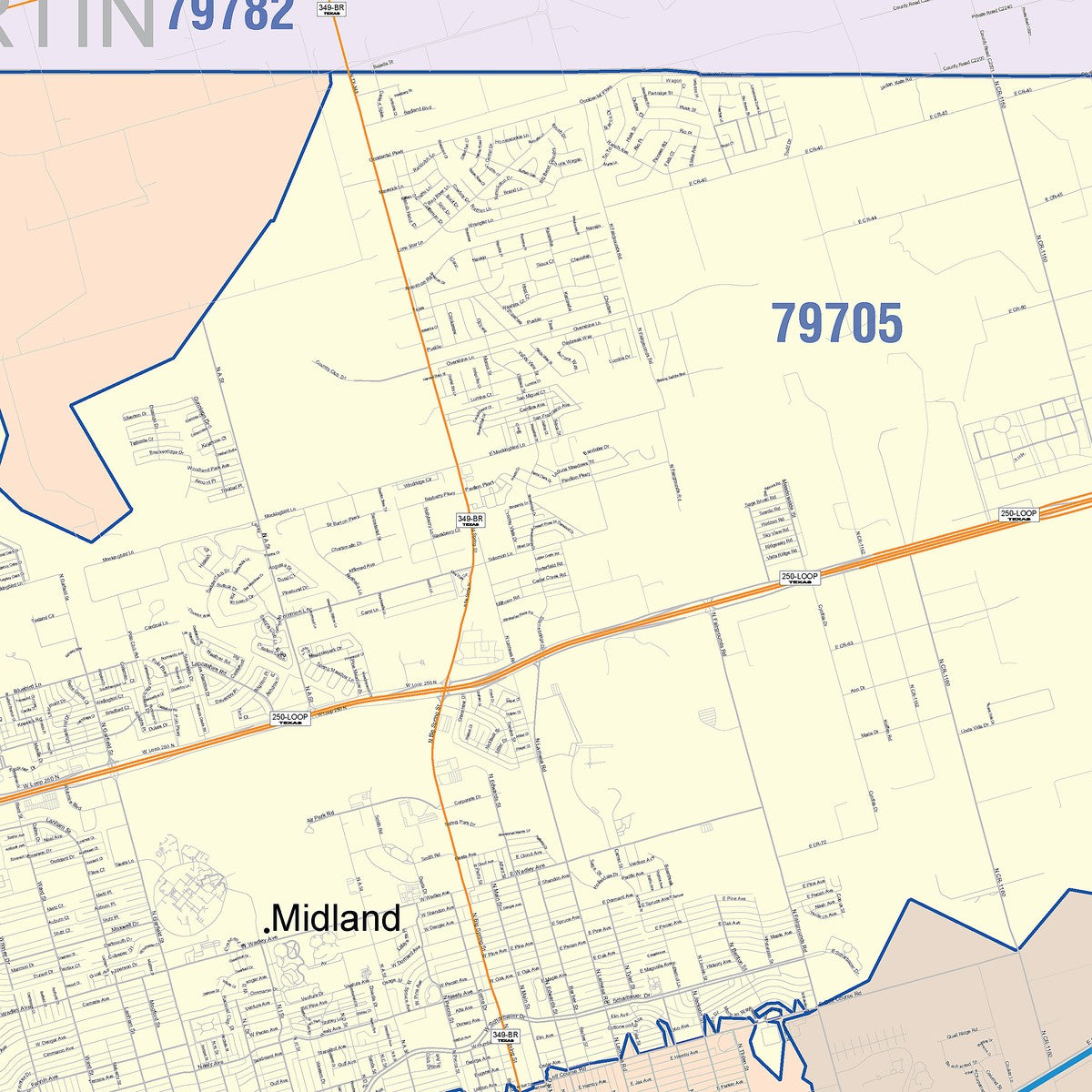 Colorcast Zip Code Style Wall Map of Midland, TX