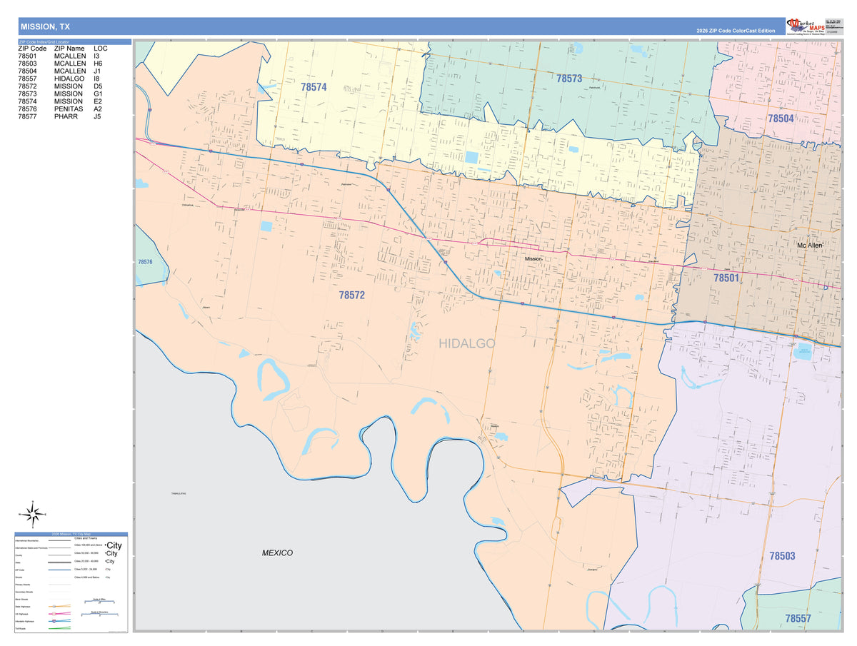 Colorcast Zip Code Style Wall Map of Mission, TX