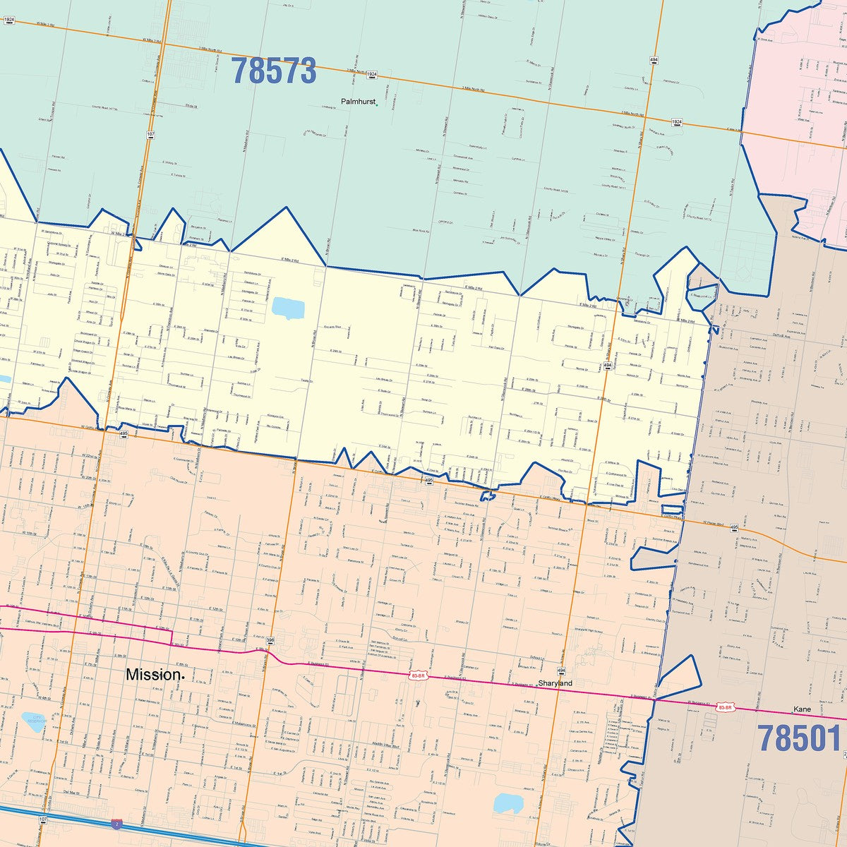 Colorcast Zip Code Style Wall Map of Mission, TX