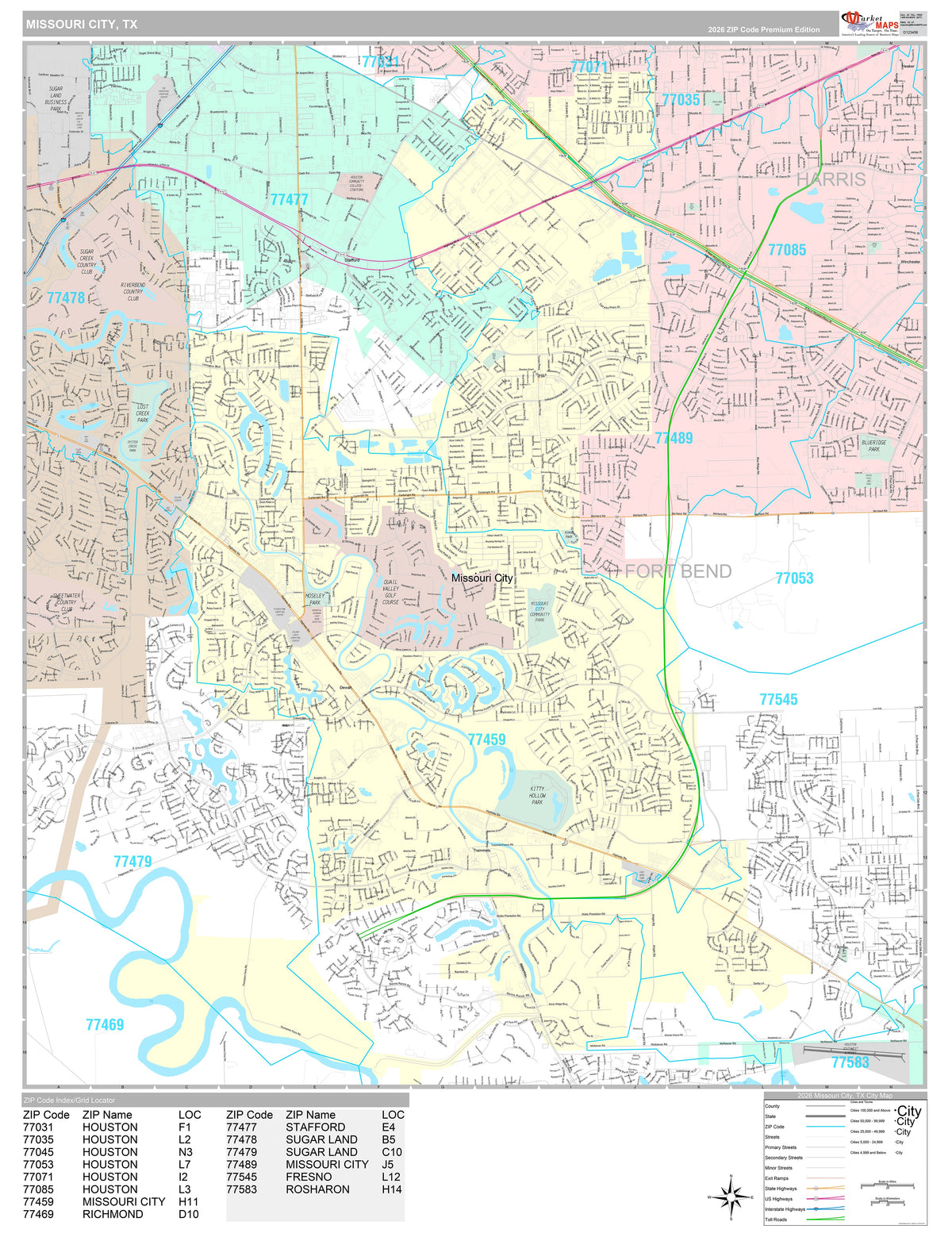 Premium Style Wall Map of Missouri City, TX