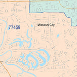 Colorcast Zip Code Style Wall Map of Missouri City, TX