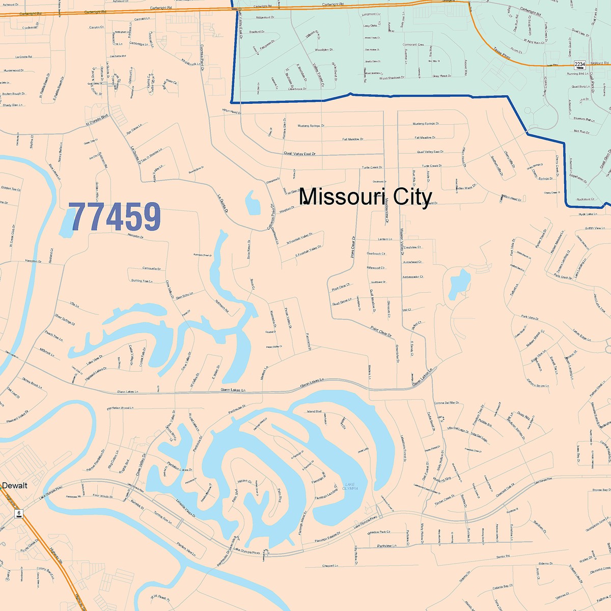 Colorcast Zip Code Style Wall Map of Missouri City, TX