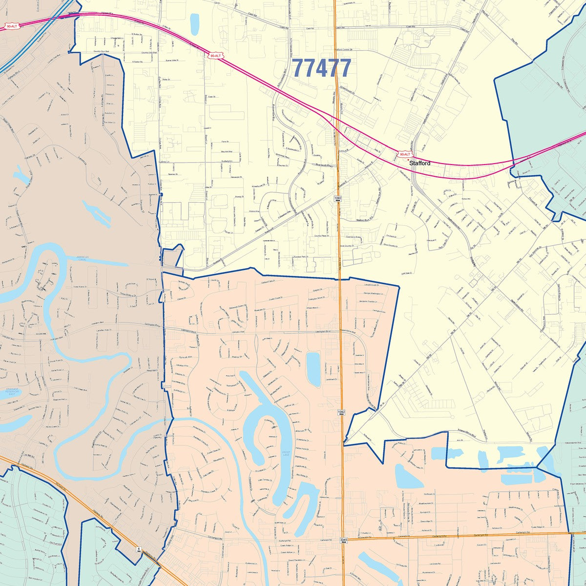 Colorcast Zip Code Style Wall Map of Missouri City, TX