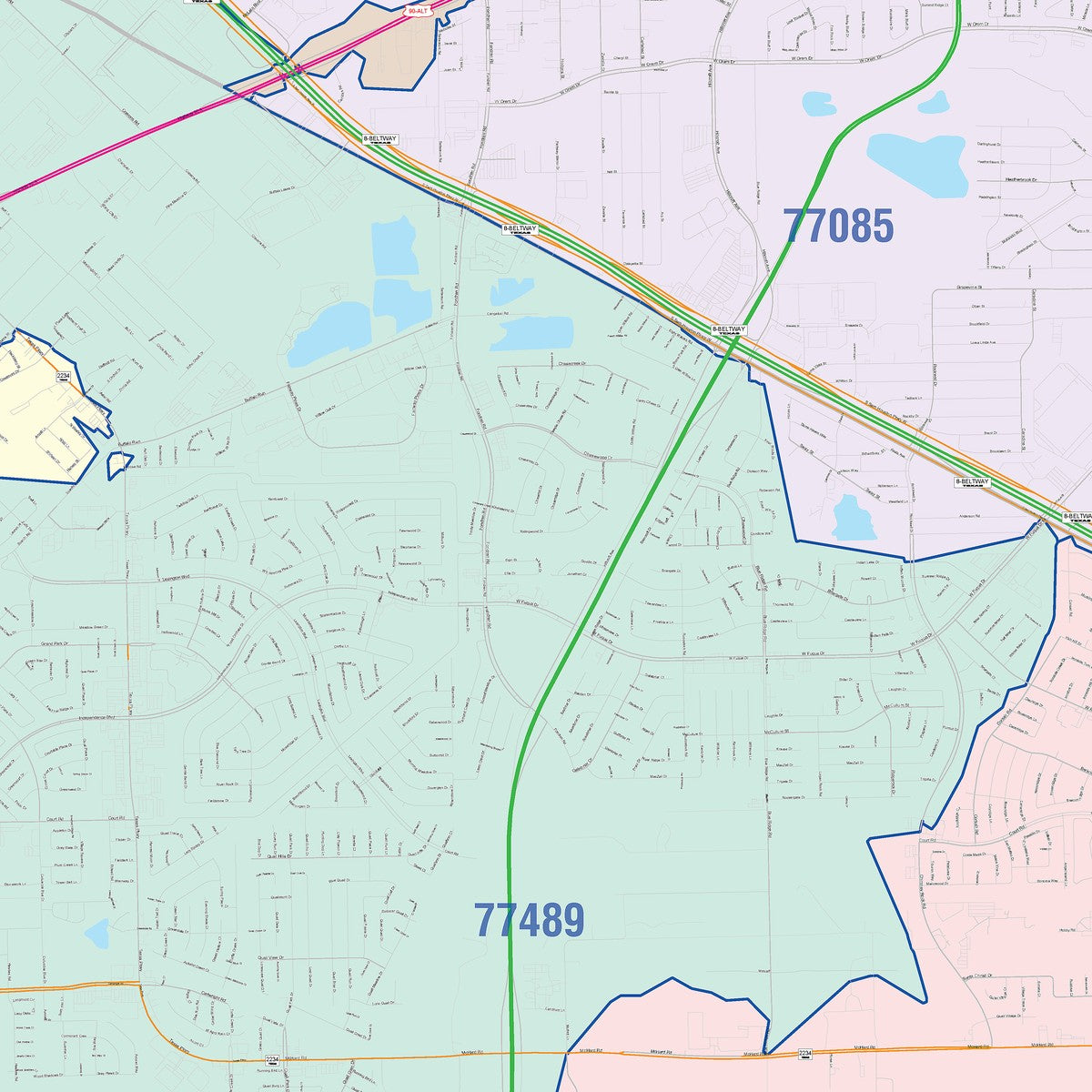 Colorcast Zip Code Style Wall Map of Missouri City, TX