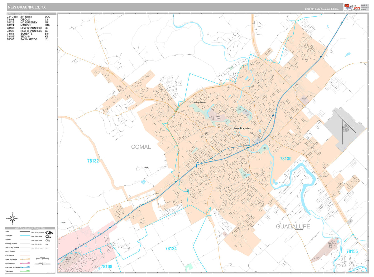 Premium Style Wall Map of New Braunfels, TX