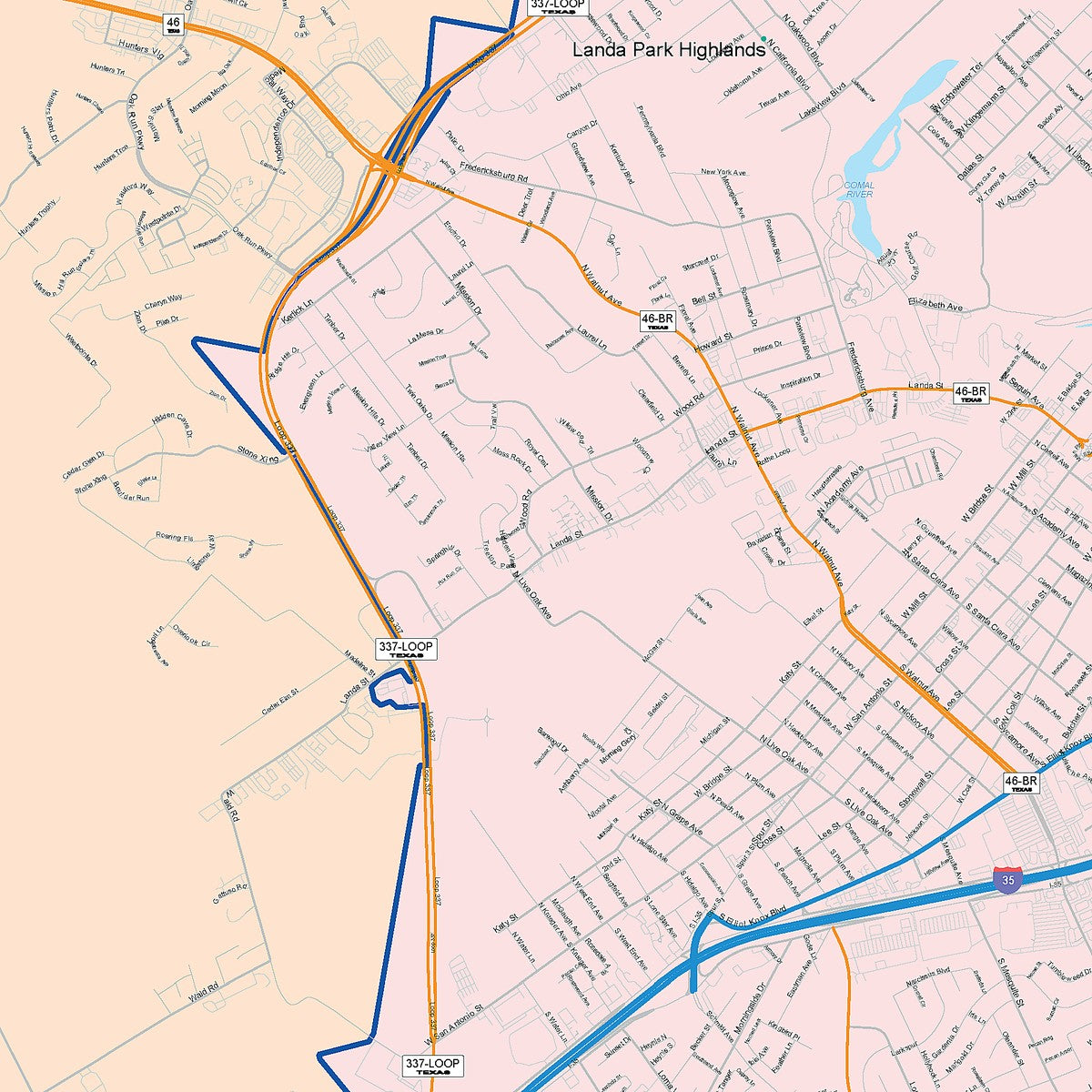 Colorcast Zip Code Style Wall Map of New Braunfels, TX