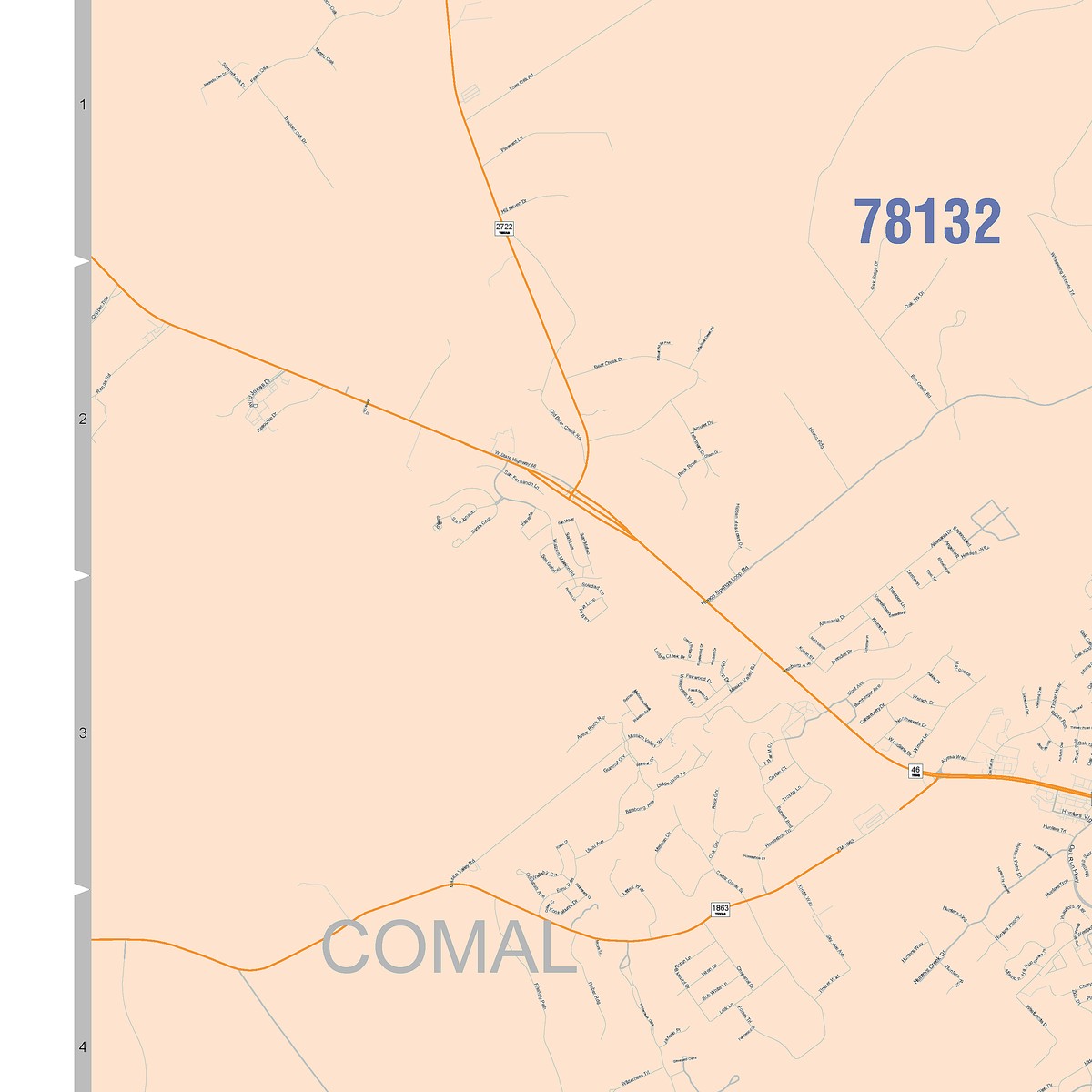 Colorcast Zip Code Style Wall Map of New Braunfels, TX