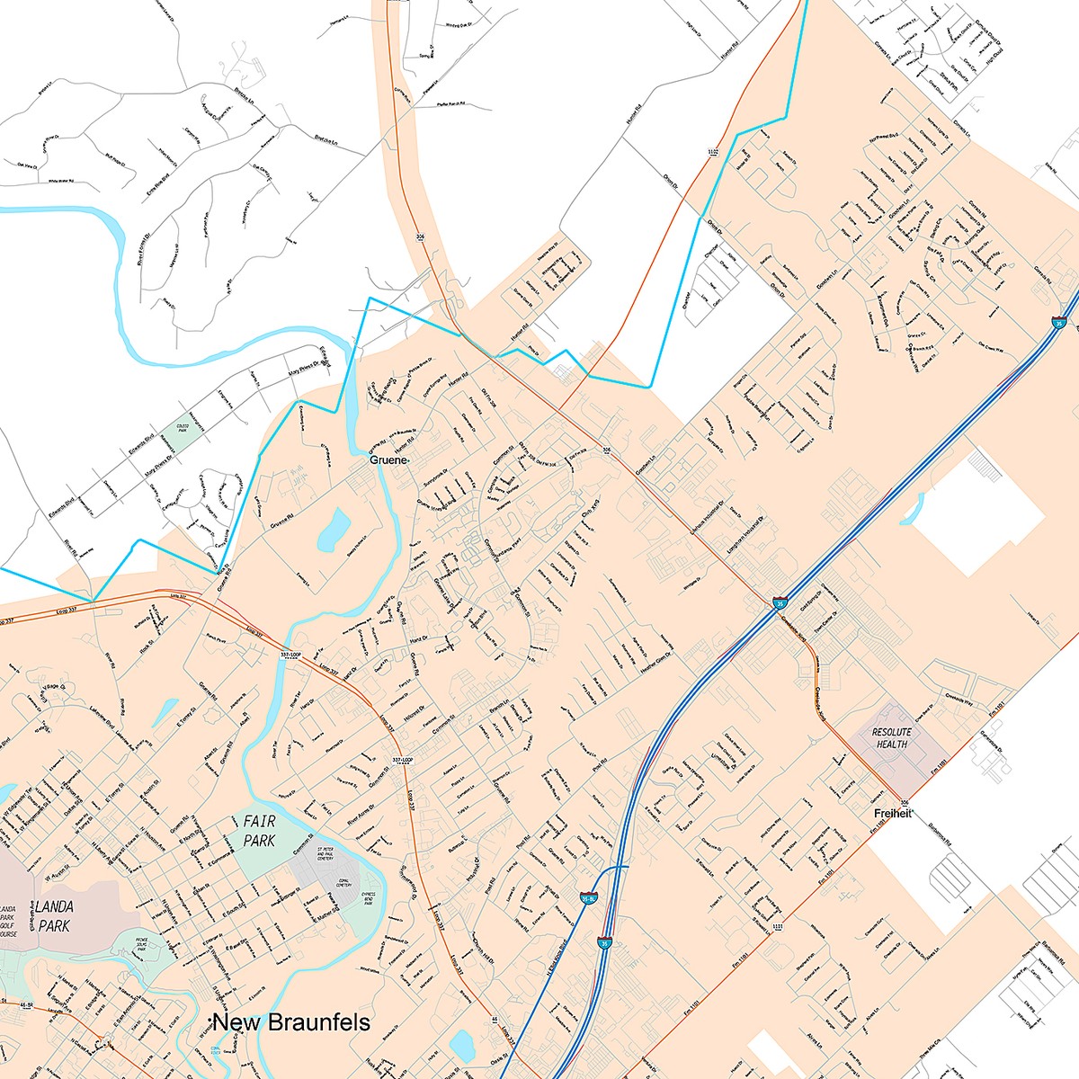 Premium Style Wall Map of New Braunfels, TX