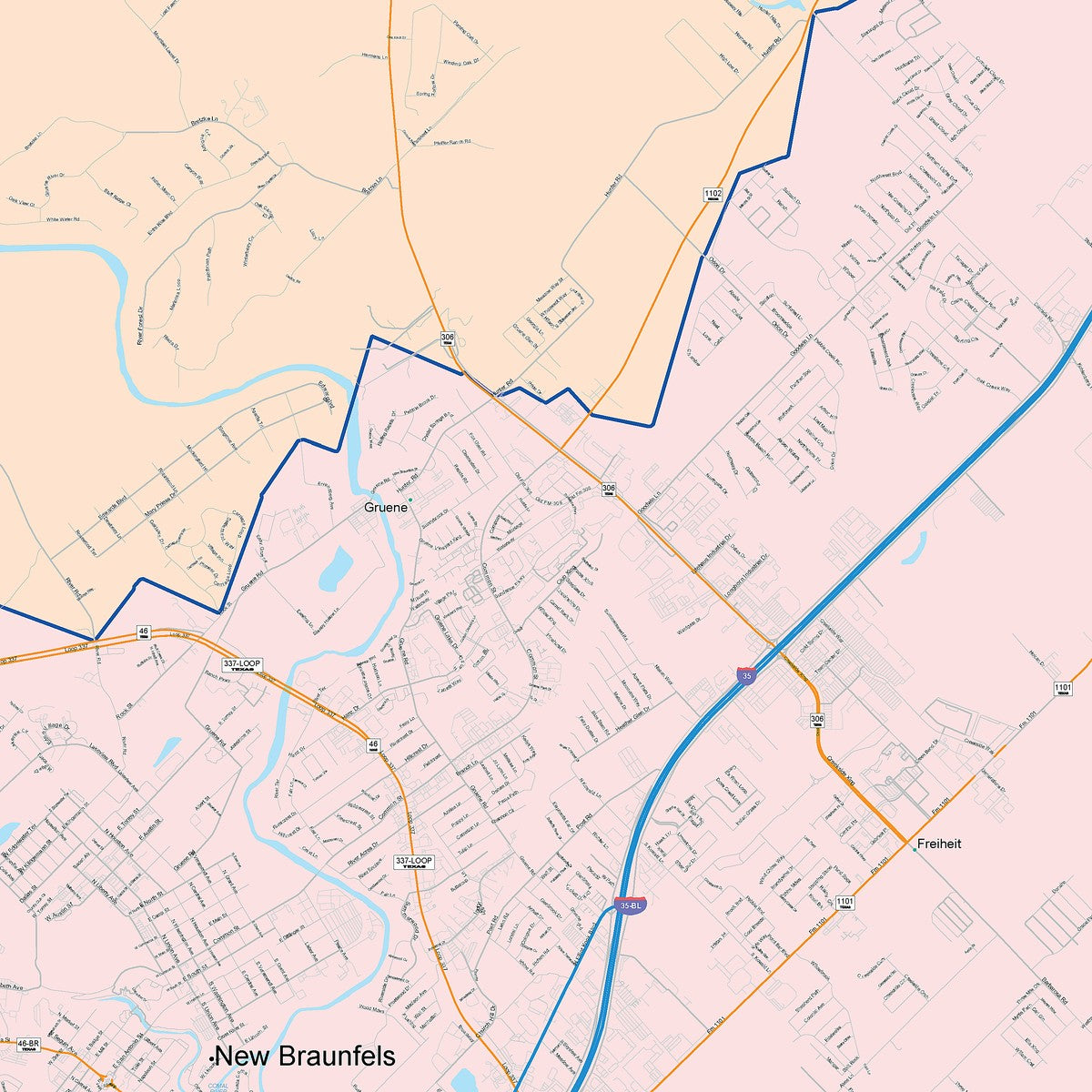 Colorcast Zip Code Style Wall Map of New Braunfels, TX