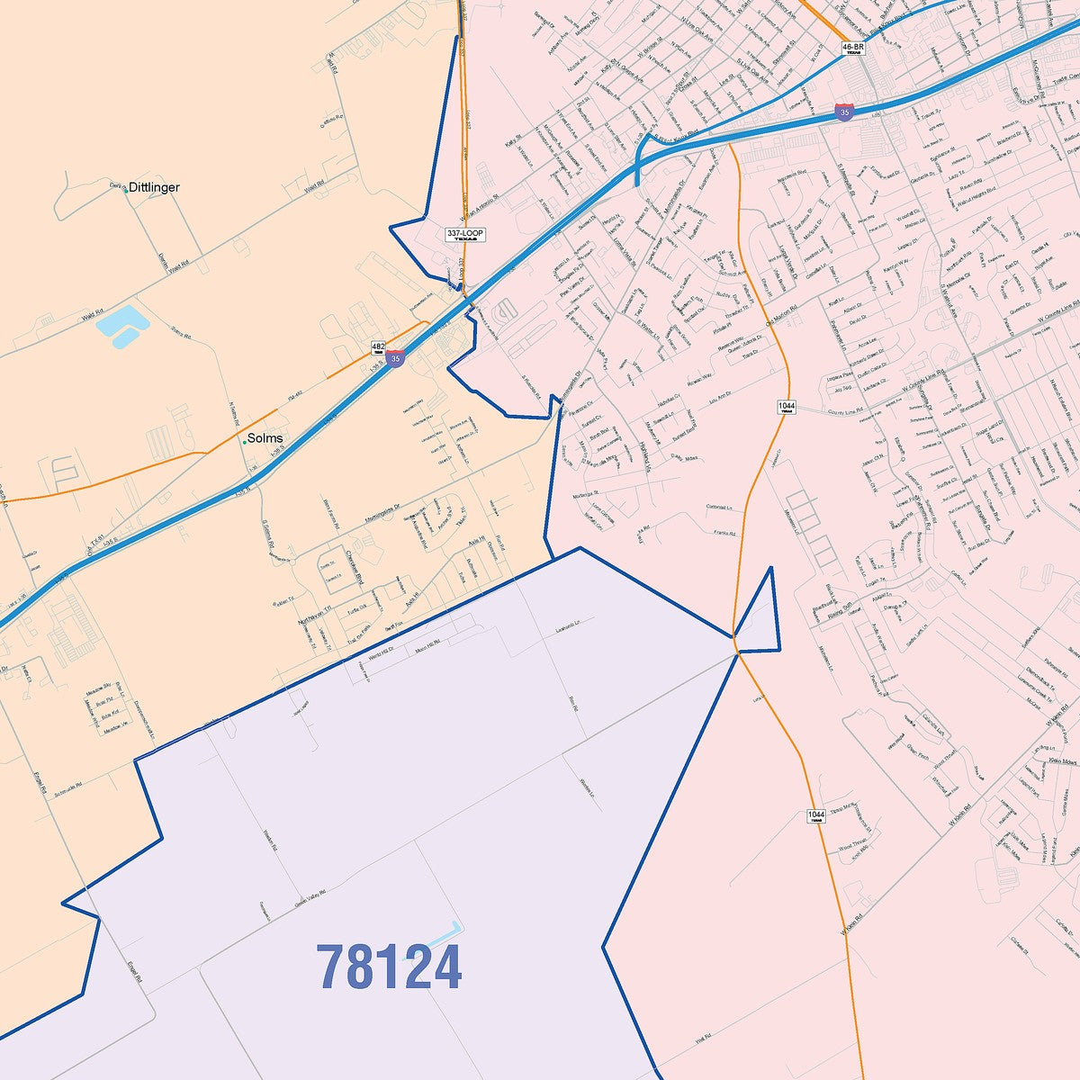 Colorcast Zip Code Style Wall Map of New Braunfels, TX