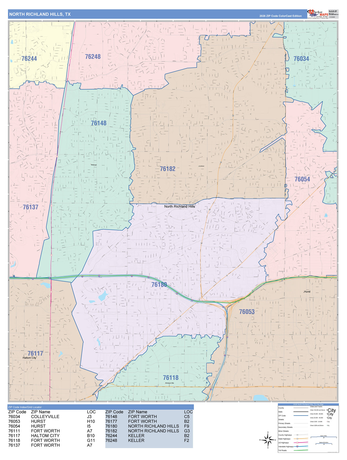Colorcast Zip Code Style Wall Map of North Richland Hills, TX