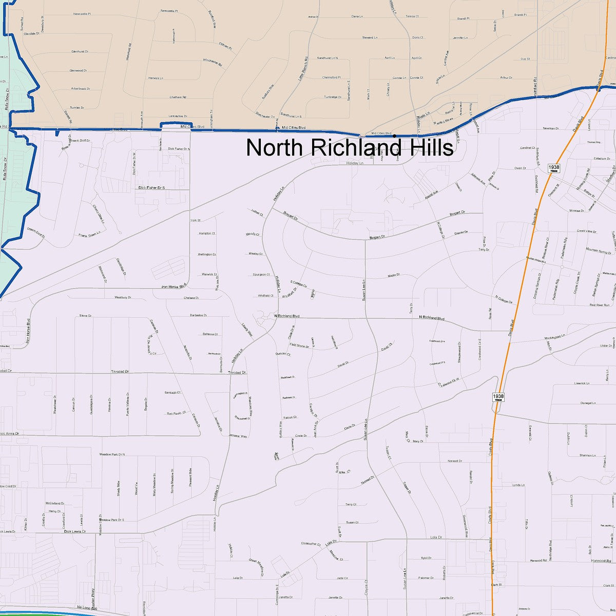 Colorcast Zip Code Style Wall Map of North Richland Hills, TX