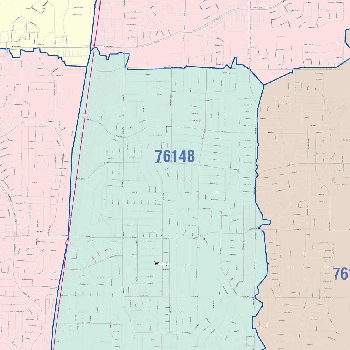 Colorcast Zip Code Style Wall Map of North Richland Hills, TX