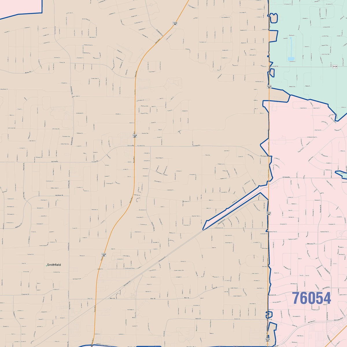 Colorcast Zip Code Style Wall Map of North Richland Hills, TX