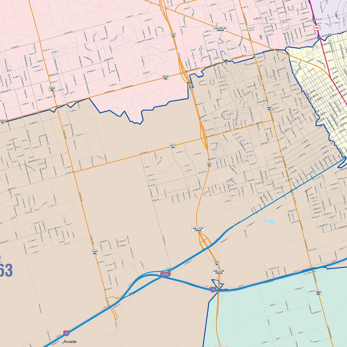 Colorcast Zip Code Style Wall Map of Odessa, TX