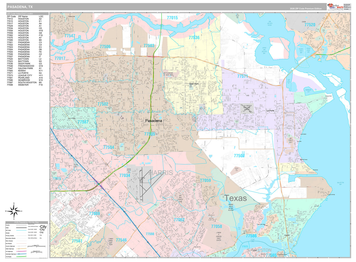 Premium Style Wall Map of Pasadena, TX