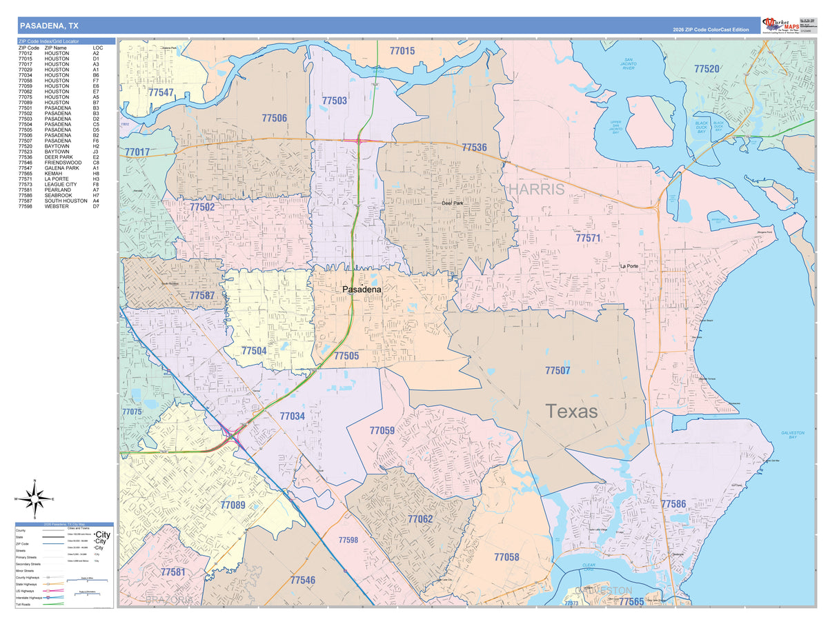 Colorcast Zip Code Style Wall Map of Pasadena, TX
