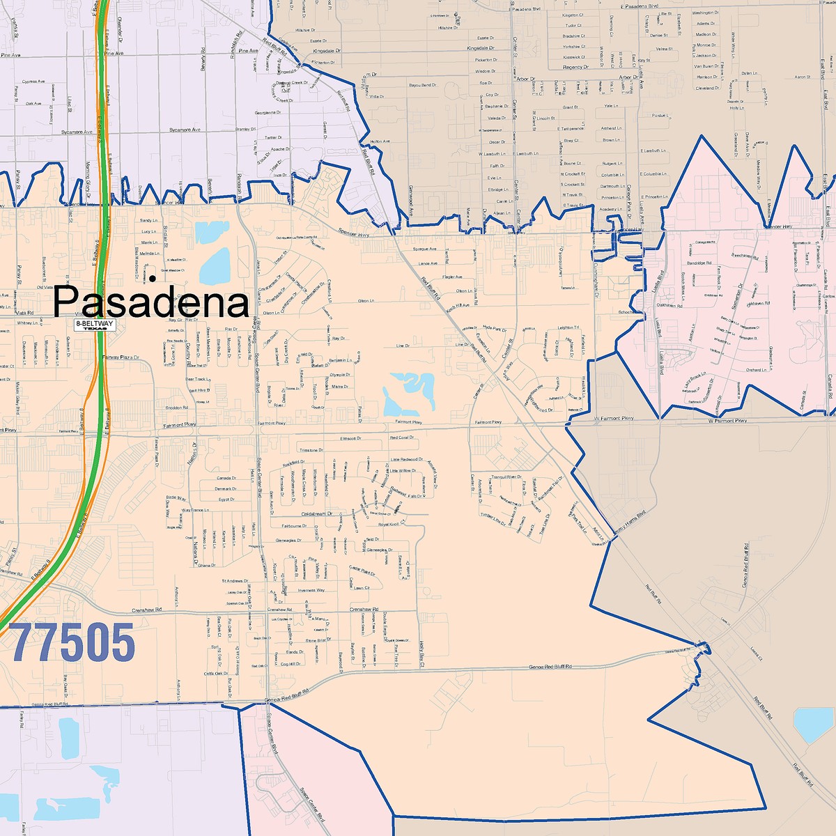 Colorcast Zip Code Style Wall Map of Pasadena, TX
