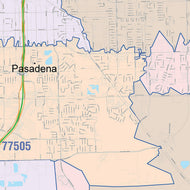 Colorcast Zip Code Style Wall Map of Pasadena, TX