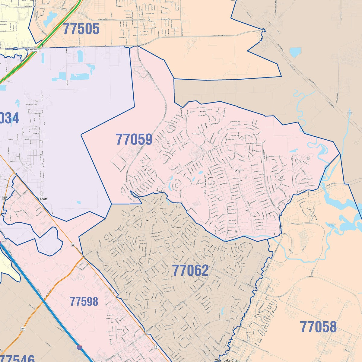 Colorcast Zip Code Style Wall Map of Pasadena, TX