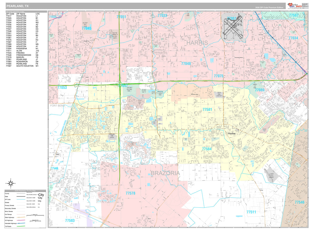 Premium Style Wall Map of Pearland, TX