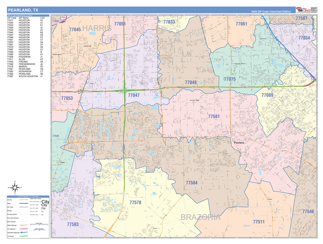 Colorcast Zip Code Style Wall Map of Pearland, TX – Texas Map Store