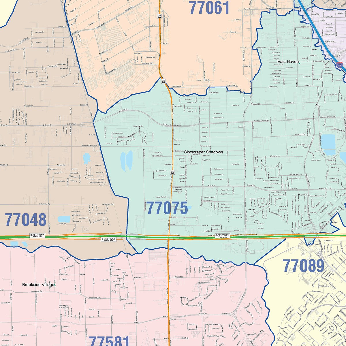Colorcast Zip Code Style Wall Map of Pearland, TX