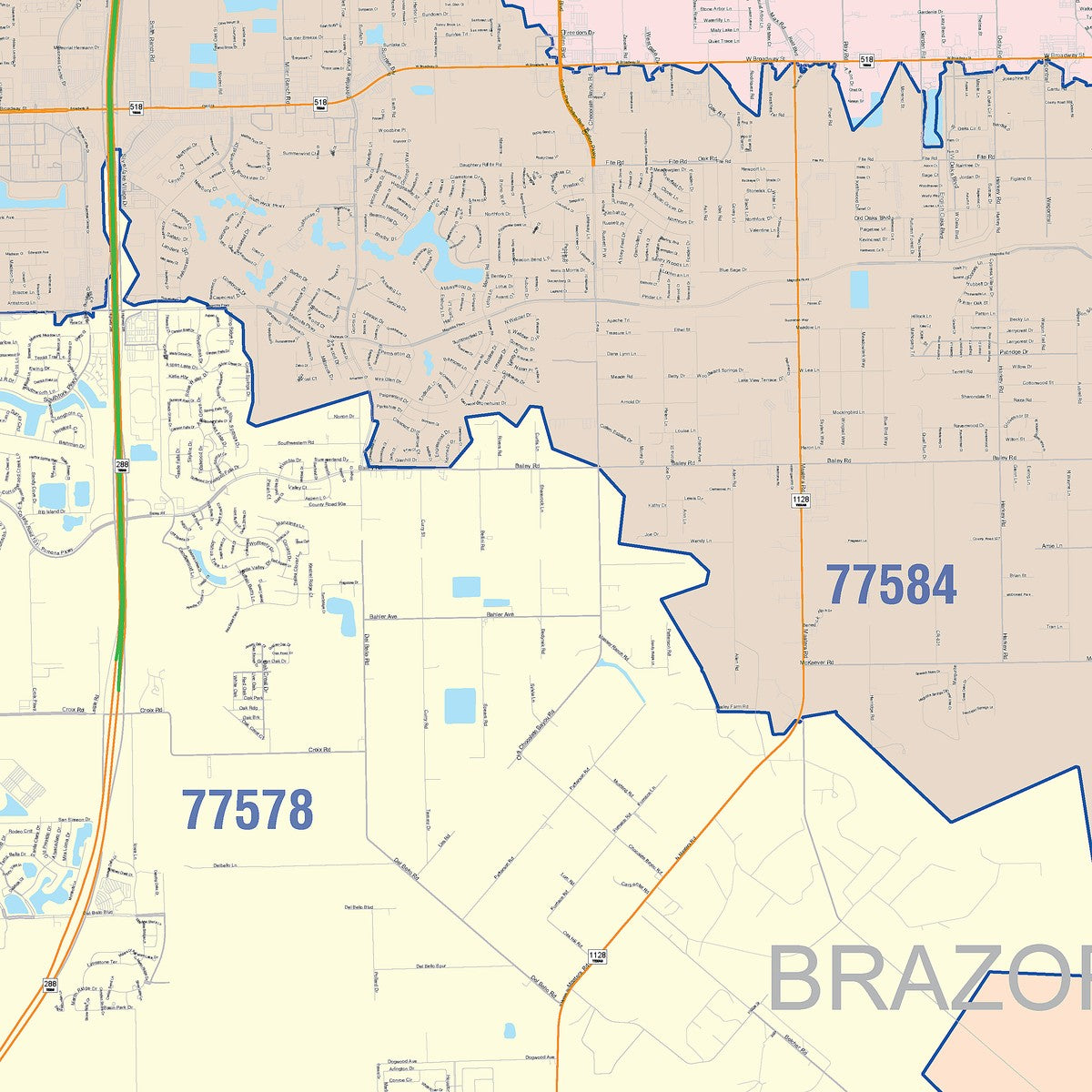 Colorcast Zip Code Style Wall Map of Pearland, TX