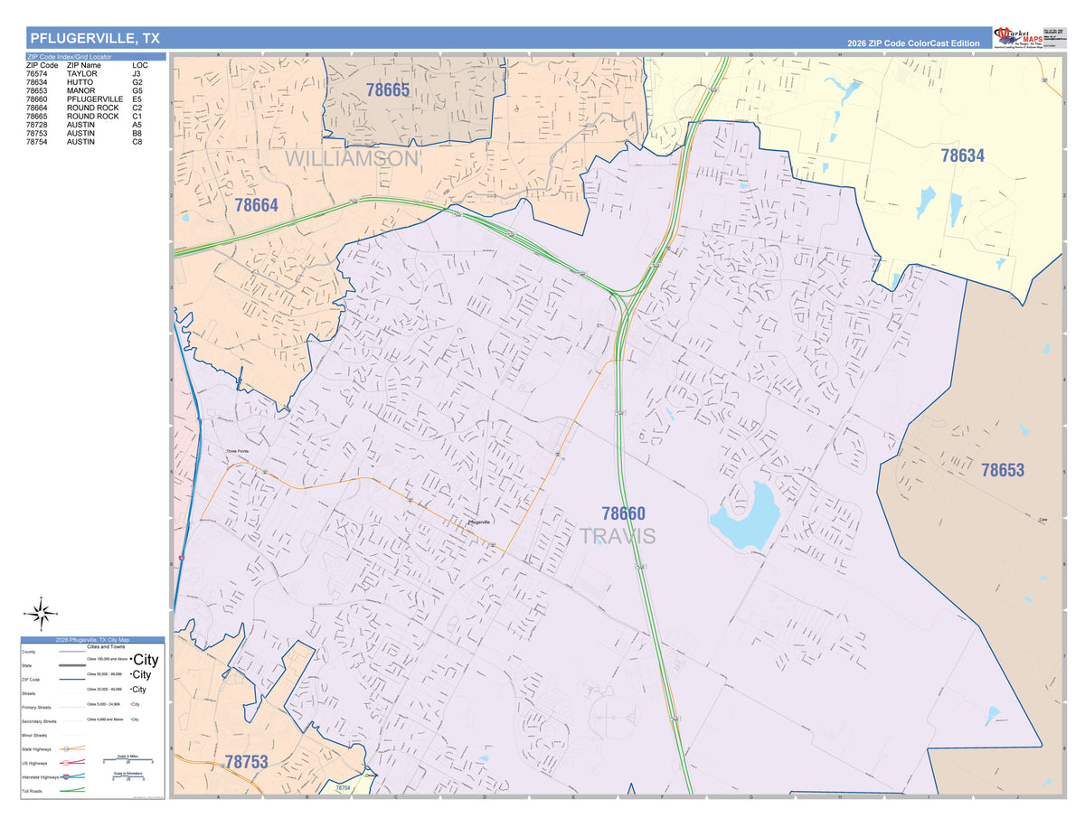Colorcast Zip Code Style Wall Map of Pflugerville, TX