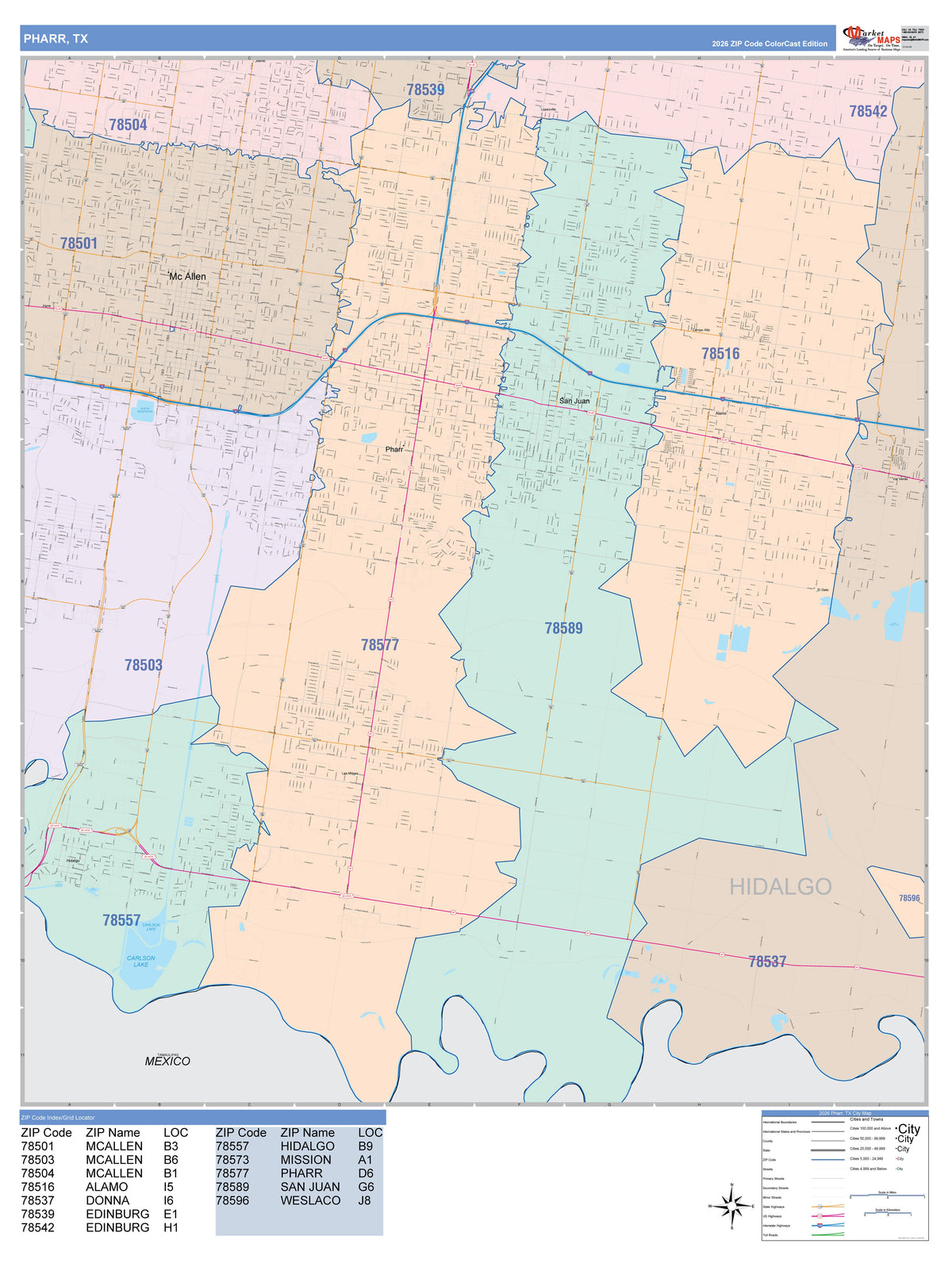 Colorcast Zip Code Style Wall Map of Pharr, TX