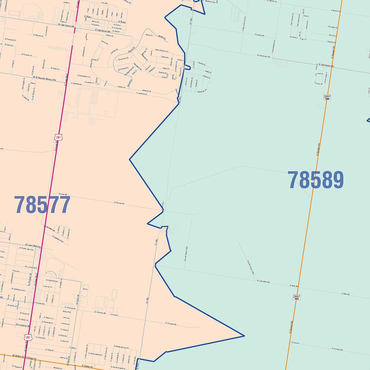 Colorcast Zip Code Style Wall Map of Pharr, TX