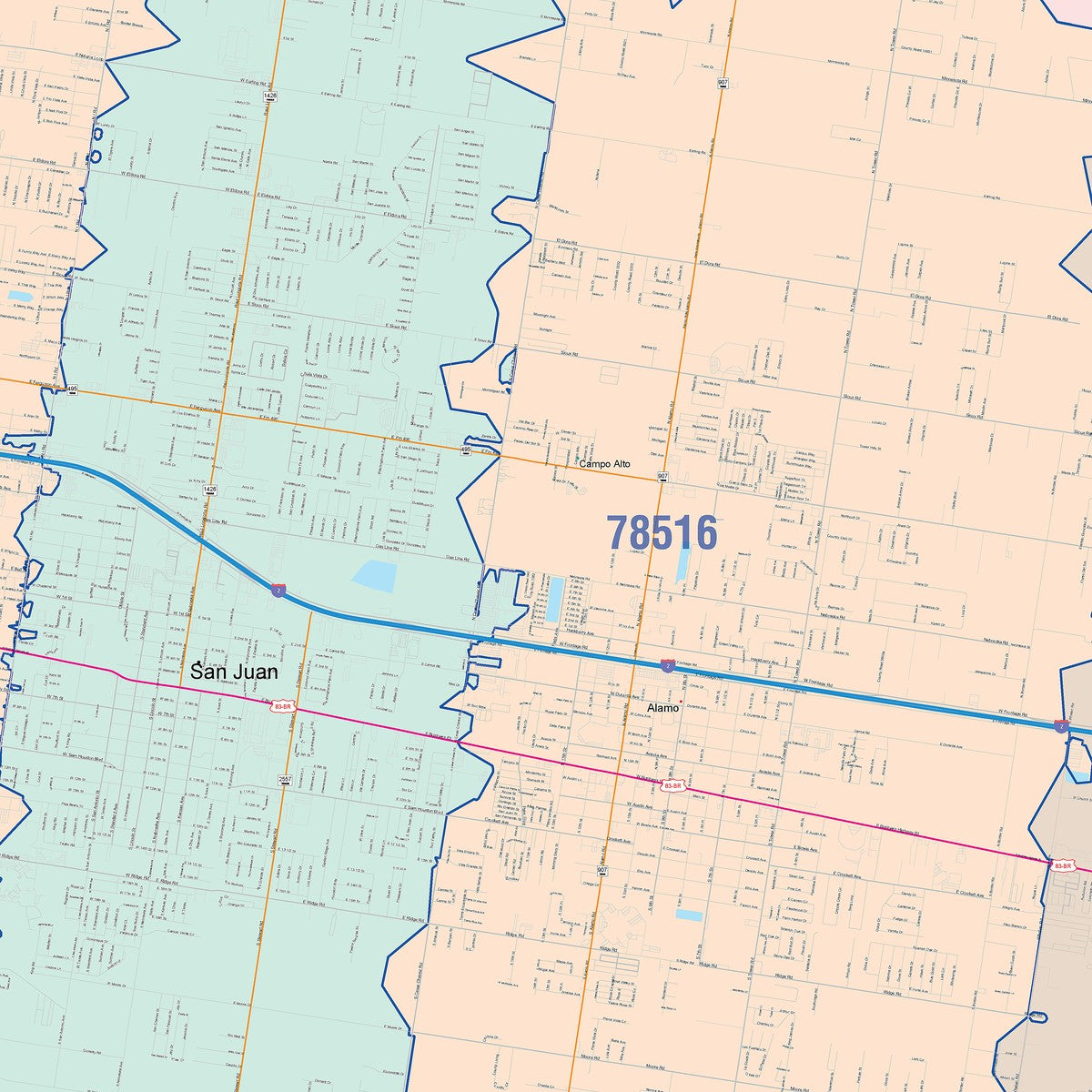 Colorcast Zip Code Style Wall Map of Pharr, TX
