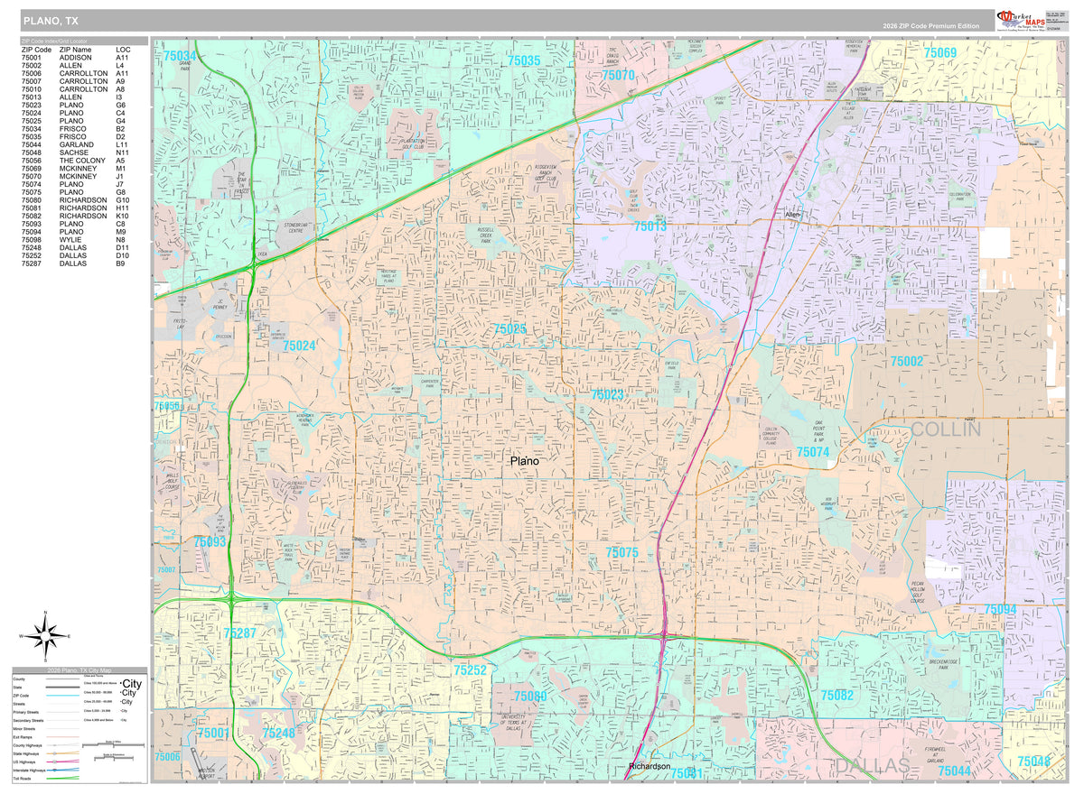 Premium Style Wall Map of Plano, TX