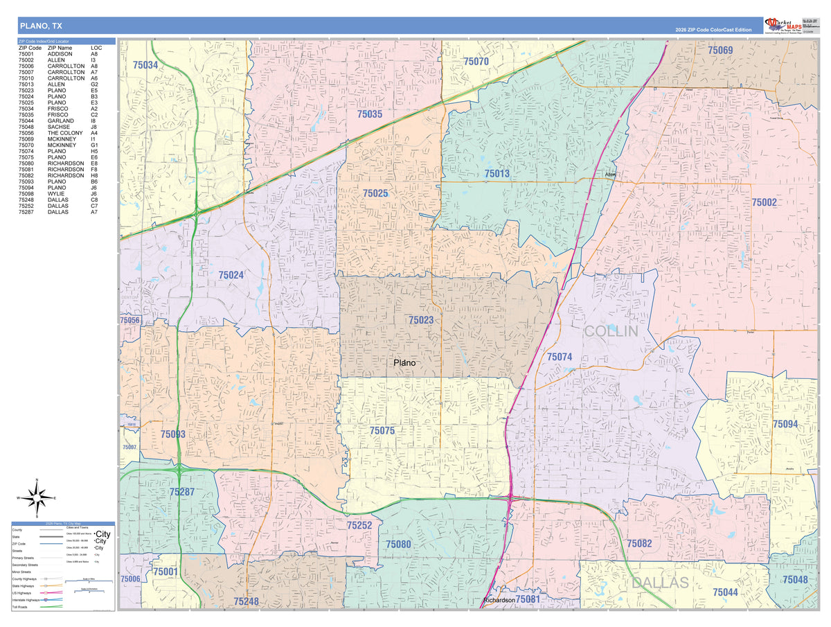 Colorcast Zip Code Style Wall Map of Plano, TX